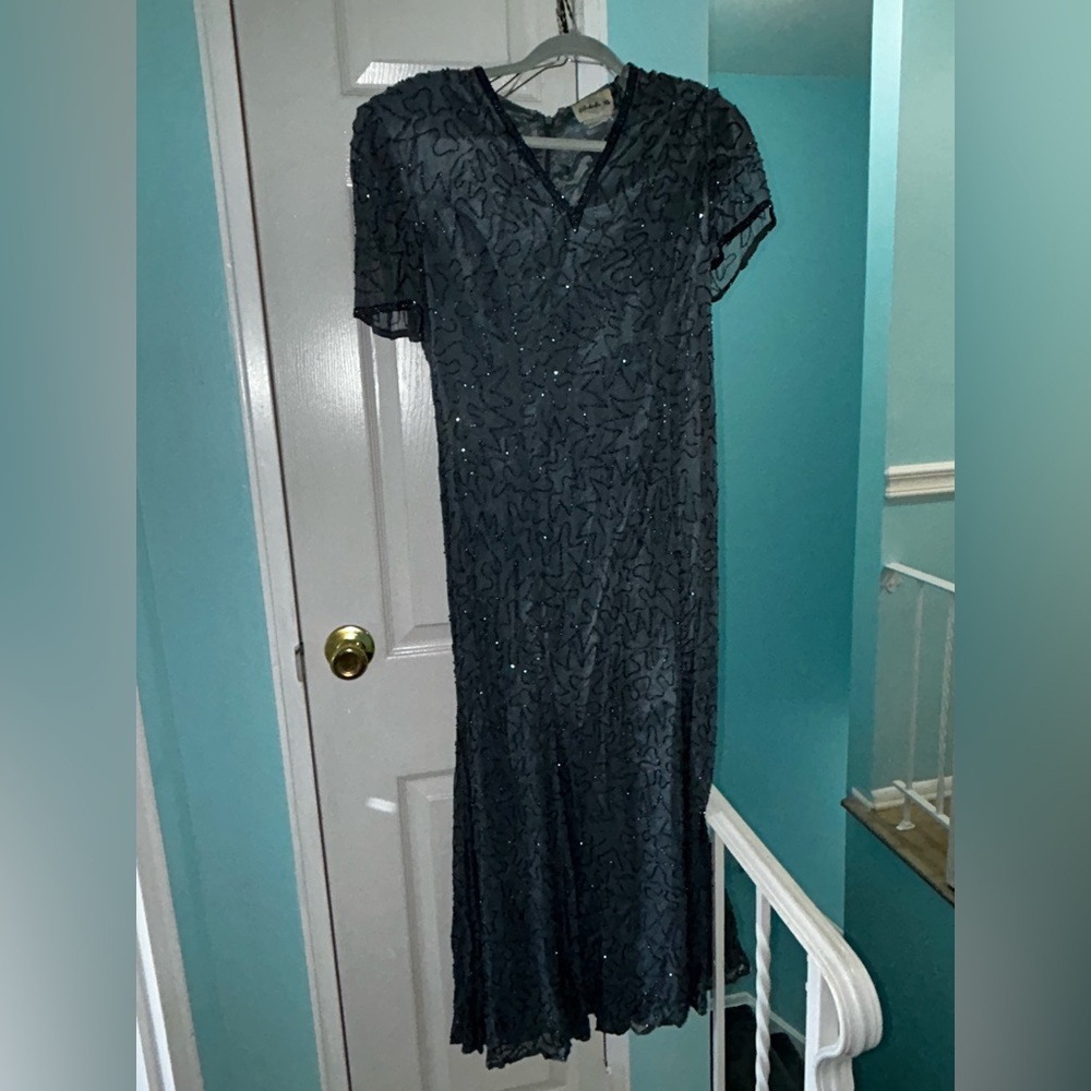 Y2K Ellebelle Embellished Beaded Mesh Column Gown in Slate Size 14
